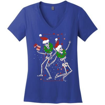 Skeleton Dancing Snowflake Christmas Santa Skeleton Xmas Cute Gift Women's V-Neck T-Shirt