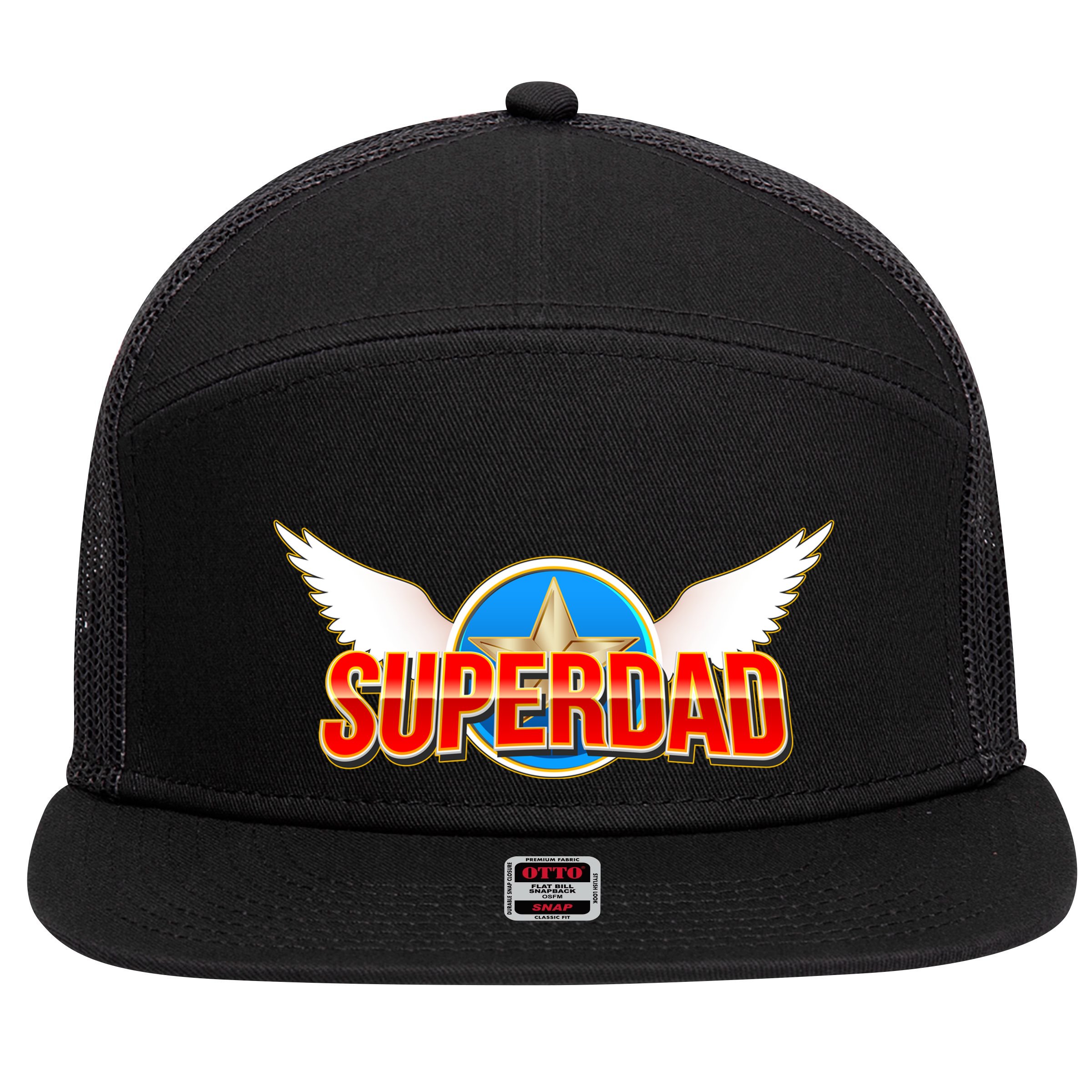 Super Dad Superhero Winged Badge Emblem 7 Panel Mesh Trucker Snapback Hat
