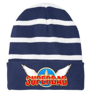 Super Dad Superhero Winged Badge Emblem Striped Beanie with Solid Band