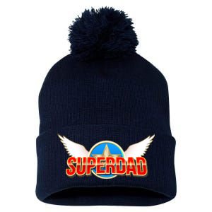 Super Dad Superhero Winged Badge Emblem Pom Pom 12in Knit Beanie