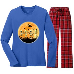 Spooky Dancing Skeleton In A Graveyard Witch Moon Halloween Gift Women's Long Sleeve Flannel Pajama Set 