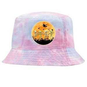 Spooky Dancing Skeleton In A Graveyard Witch Moon Halloween Gift Tie-Dyed Bucket Hat