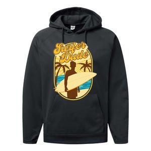 Surfer Dude Surfing Surfboarding Lover Sunset Beach Waves Performance Fleece Hoodie