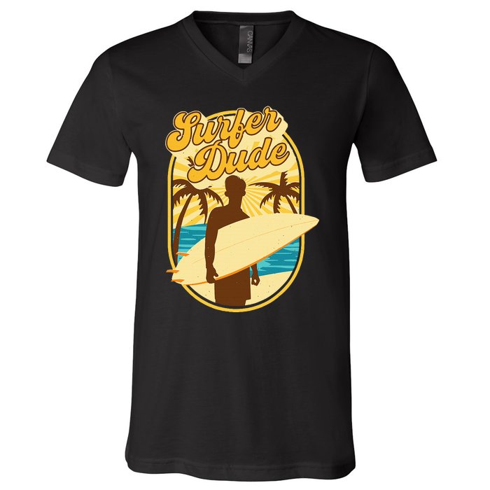 Surfer Dude Surfing Surfboarding Lover Sunset Beach Waves V-Neck T-Shirt