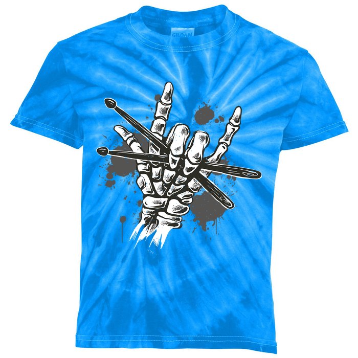 Skeleton Drum Sticks Rock Horns Hand Rock Drummer Cool Gift Kids Tie-Dye T-Shirt