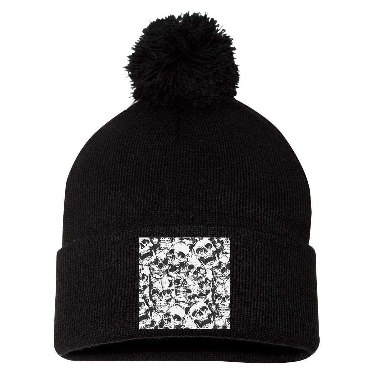 Spooky Deadly Skulls Pom Pom 12in Knit Beanie