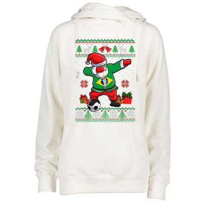 Soccer Dabbing Santa Brazil Flag Ugly Christmas Sweater Meaningful Gift Womens Funnel Neck Pullover Hood