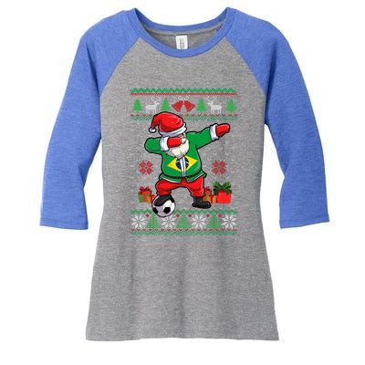 Soccer Dabbing Santa Brazil Flag Ugly Christmas Sweater Meaningful Gift Women's Tri-Blend 3/4-Sleeve Raglan Shirt