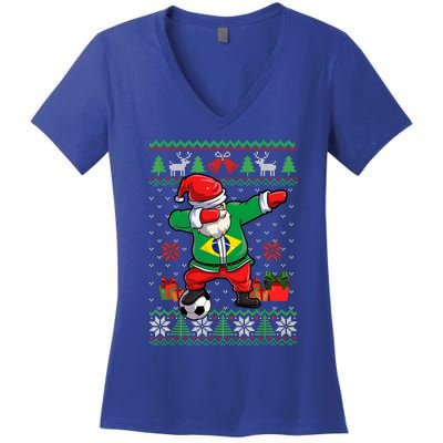 Soccer Dabbing Santa Brazil Flag Ugly Christmas Sweater Meaningful Gift Women's V-Neck T-Shirt