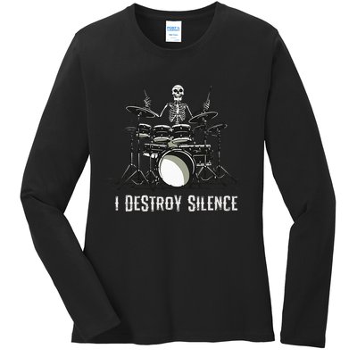Skeleton Drummer Skull Drum Set Metal Rock Band Ladies Long Sleeve Shirt