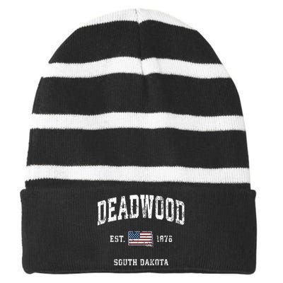 South Dakota Sd Vintage American Flag Sports Design Striped Beanie with Solid Band