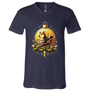 Santa Doge Sleigh Ride Crypto Christmas Adventure Trader V-Neck T-Shirt