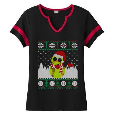 Snow Dabbing Softball Ugly Christmas Holiday Baseball Gift Ladies Halftime Notch Neck Tee