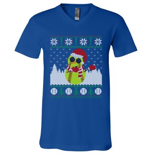 Snow Dabbing Softball Ugly Christmas Holiday Baseball Gift V-Neck T-Shirt