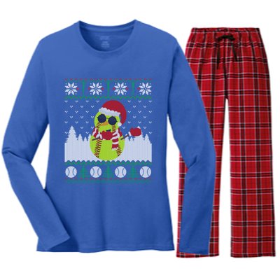 Snow Dabbing Softball Ugly Christmas Holiday Baseball Gift Women's Long Sleeve Flannel Pajama Set 