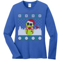 Snow Dabbing Softball Ugly Christmas Holiday Baseball Gift Ladies Long Sleeve Shirt