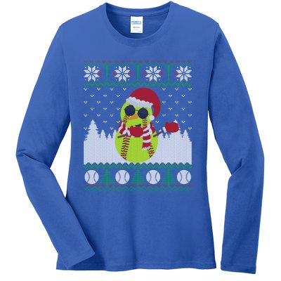 Snow Dabbing Softball Ugly Christmas Holiday Baseball Gift Ladies Long Sleeve Shirt