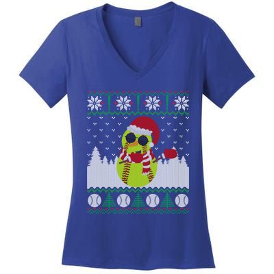 Snow Dabbing Softball Ugly Christmas Holiday Baseball Gift Women's V-Neck T-Shirt