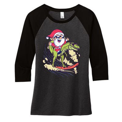 Santa Dinosaur Surfing TRex Dino Summer Christmas In July Women's Tri-Blend 3/4-Sleeve Raglan Shirt