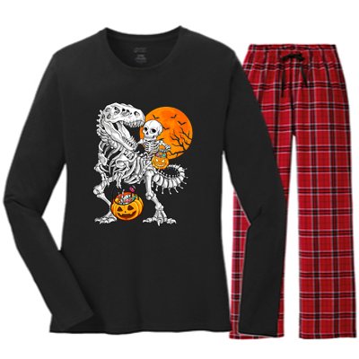 Skeleton Dinosaur T Rex Boys Halloween Mummy Funny Pumpkin Women's Long Sleeve Flannel Pajama Set 