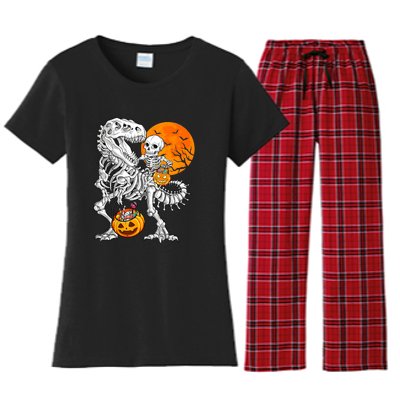 Skeleton Dinosaur T Rex Boys Halloween Mummy Funny Pumpkin Women's Flannel Pajama Set