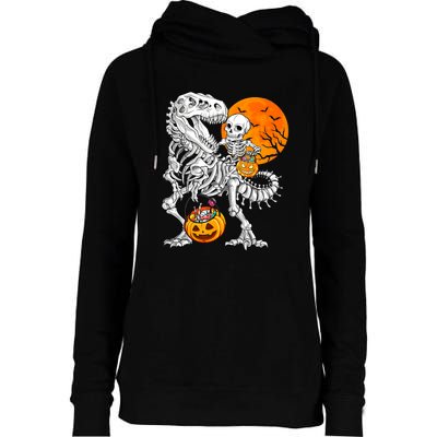 Skeleton Dinosaur T Rex Boys Halloween Mummy Funny Pumpkin Womens Funnel Neck Pullover Hood