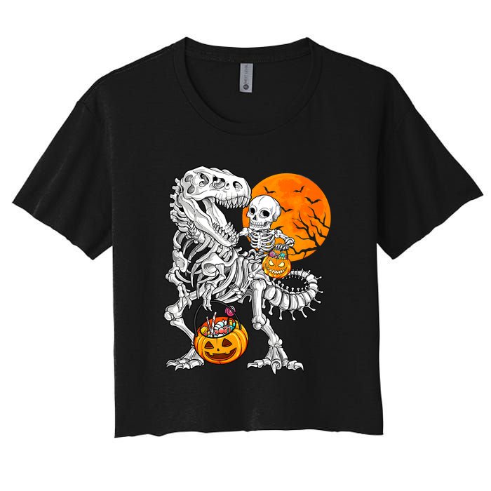 Skeleton Dinosaur T Rex Boys Halloween Mummy Funny Pumpkin Women's Crop Top Tee