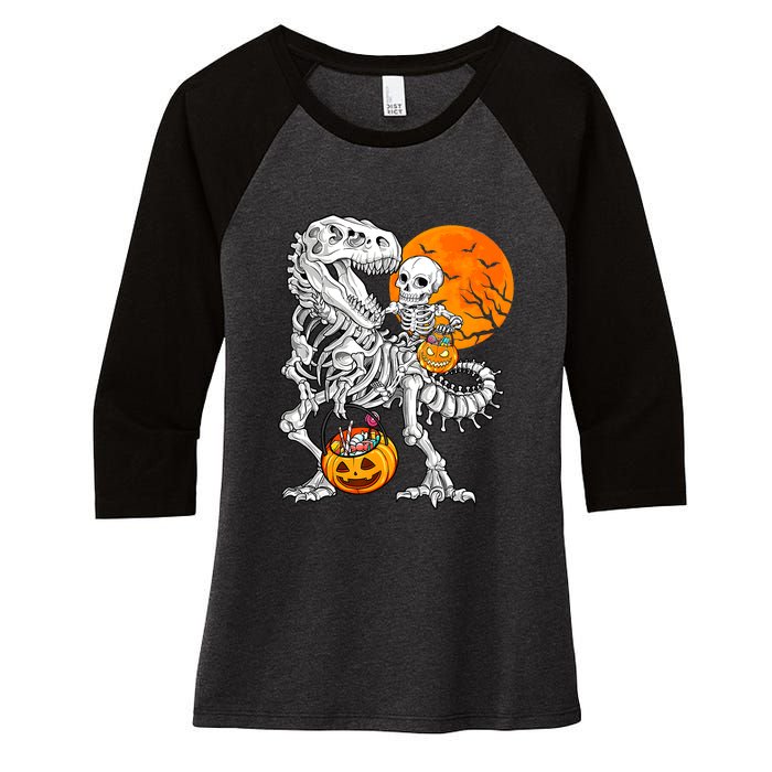 Skeleton Dinosaur T Rex Boys Halloween Mummy Funny Pumpkin Women's Tri-Blend 3/4-Sleeve Raglan Shirt