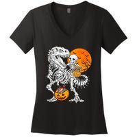 Skeleton Dinosaur T Rex Boys Halloween Mummy Funny Pumpkin Women's V-Neck T-Shirt