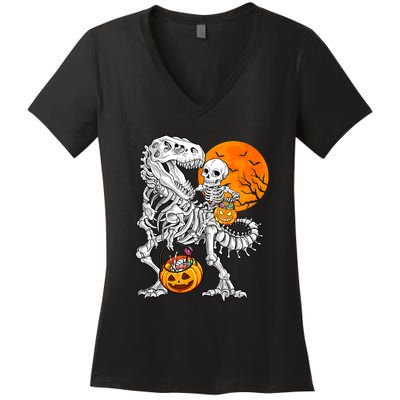 Skeleton Dinosaur T Rex Boys Halloween Mummy Funny Pumpkin Women's V-Neck T-Shirt