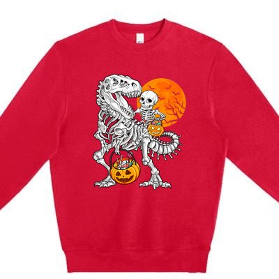 Skeleton Dinosaur T Rex Boys Halloween Mummy Funny Pumpkin Premium Crewneck Sweatshirt