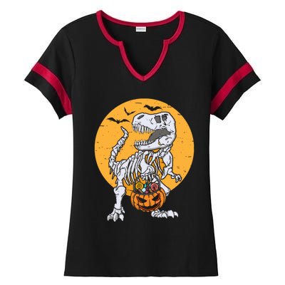 Skeleton Dinosaur T Rex Pumpkin Halloween Costume Gift Ladies Halftime Notch Neck Tee