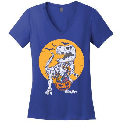 Skeleton Dinosaur T Rex Pumpkin Halloween Costume Gift Women's V-Neck T-Shirt