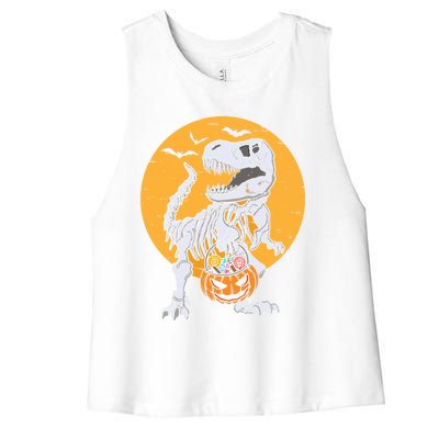 Skeleton Dinosaur T Rex Pumpkin Halloween Costume Gift Women's Racerback Cropped Tank