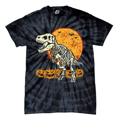 Skeleton Dinosaur Trex Dino Pumpkins Moon Tie-Dye T-Shirt