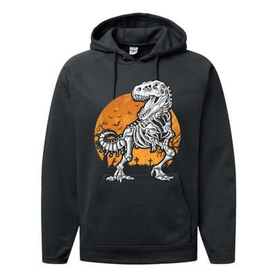 Skeleton Dinosaur T Rex Halloween Gifts Skull Rib Cage Long Sleeve Performance Fleece Hoodie