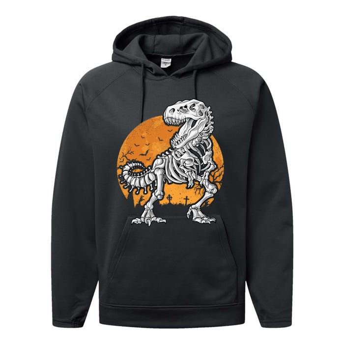 Skeleton Dinosaur T Rex Halloween Gifts Skull Rib Cage Long Sleeve Performance Fleece Hoodie