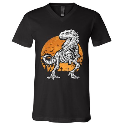 Skeleton Dinosaur T Rex Halloween Gifts Skull Rib Cage Long Sleeve V-Neck T-Shirt