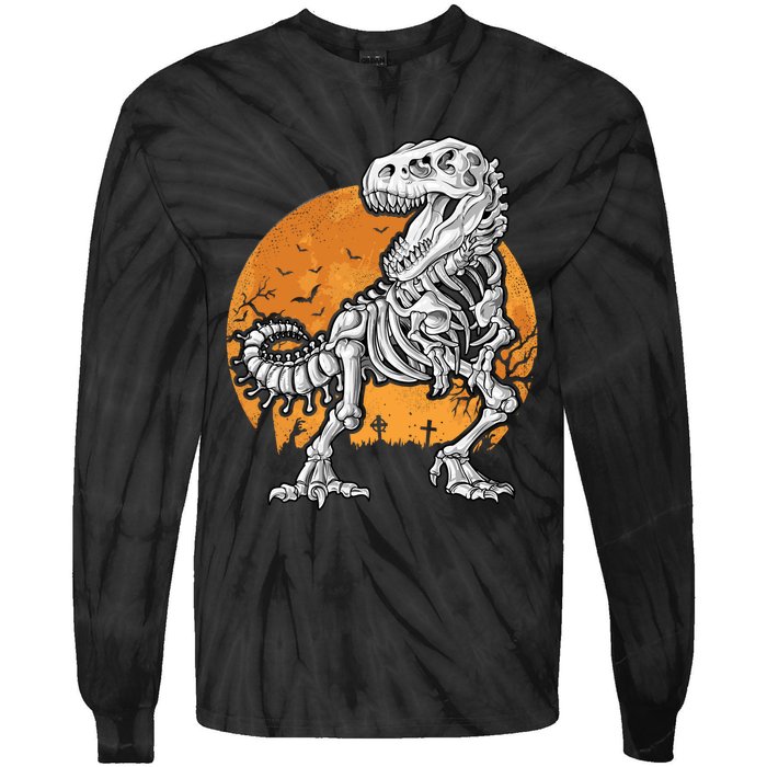 Skeleton Dinosaur T Rex Halloween Gifts Skull Rib Cage Long Sleeve Tie-Dye Long Sleeve Shirt