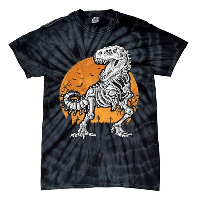 Skeleton Dinosaur T Rex Halloween Gifts Skull Rib Cage Long Sleeve Tie-Dye T-Shirt