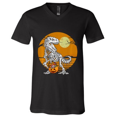 Skeleton Dinosaur T Rex Halloween Moon Gifts Hoodie V-Neck T-Shirt