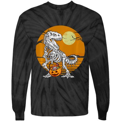 Skeleton Dinosaur T Rex Halloween Moon Gifts Hoodie Tie-Dye Long Sleeve Shirt