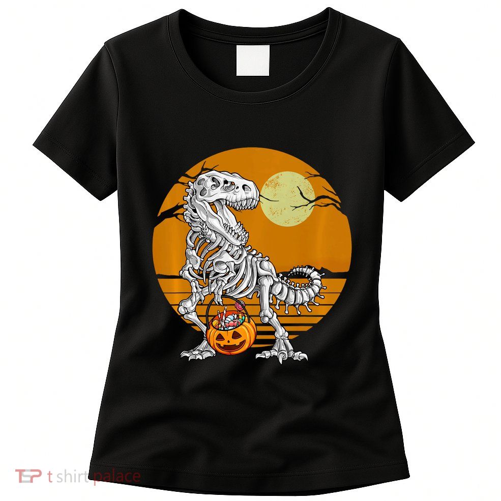 Skeleton Dinosaur T Rex Halloween Moon Gifts Hoodie Womens T-Shirt