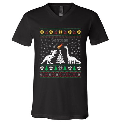 Santa Dinosaur Ugly Sweater Christmas Meteor Meteoroid T Rex Gift V-Neck T-Shirt