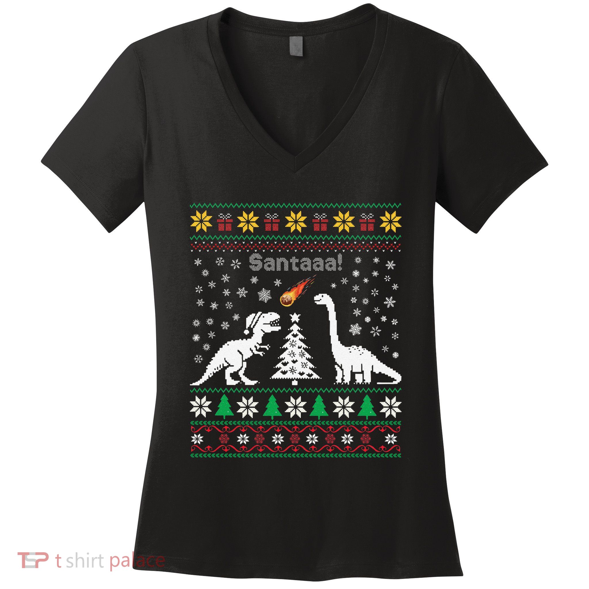 Santa Dinosaur Ugly Sweater Christmas Meteor Meteoroid T Rex Gift Women's V-Neck T-Shirt
