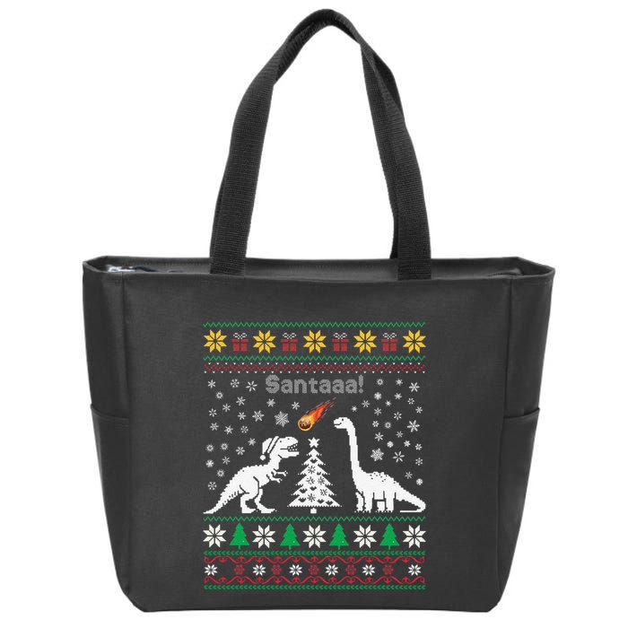 Santa Dinosaur Ugly Sweater Christmas Meteor Meteoroid T Rex Gift Zip Tote Bag