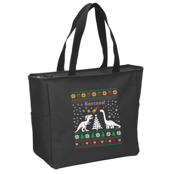 Santa Dinosaur Ugly Sweater Christmas Meteor Meteoroid T Rex Gift Zip Tote Bag