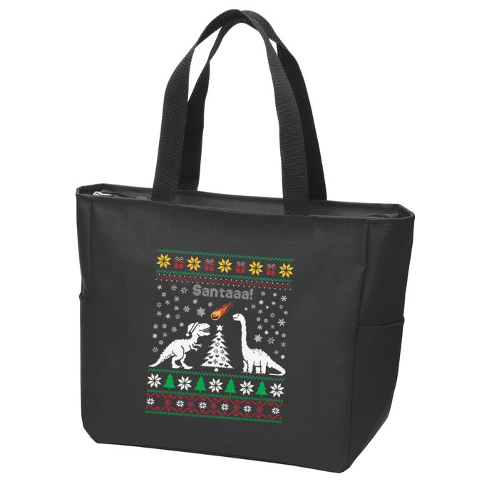 Santa Dinosaur Ugly Sweater Christmas Meteor Meteoroid T Rex Gift Zip Tote Bag