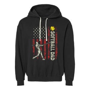 Softball Dad US Flag Gifts For Dad Men Patriotic Fathers Day Garment-Dyed Fleece Hoodie