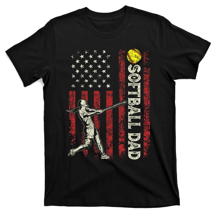 Softball Dad US Flag Gifts For Dad Men Patriotic Fathers Day T-Shirt